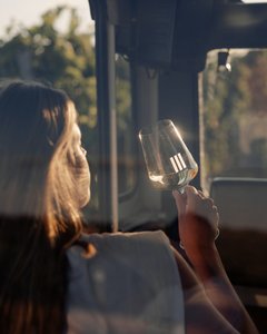 Frau von hinten mit einem Glas Wein in der Hand, das mit Wein von der Marke III Freunde gefüllt ist. Die Person genießt den Wein, während sie einen Moment der Entspannung und Geselligkeit erlebt.