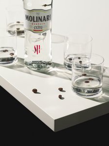 Auf einem weißen Tisch stehen vier Shotgläser, gefüllt mit Molinari Sambuca. In jedem Glas befinden sich drei Kaffeebohnen. Daneben steht eine Molinari Sambuca Flasche