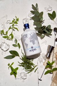 Nordés Gin in stilvollem Arrangement mit Botanicals