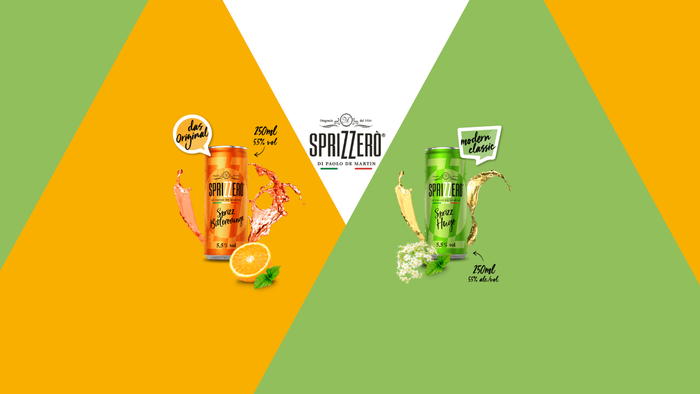 Auf dem Bild sind zwei Flaschen von Sprizzerò zu sehen: Eine Flasche Sprizzerò Sprizz Bitterorange in lebendigem Orange und eine Flasche Sprizzerò Sprizz Hugo in erfrischendem Grün