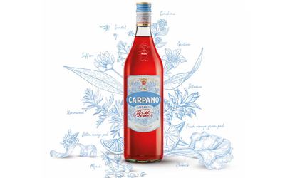 Carpano Bitter Flasche mit Gewürzen in blau gezeichnet