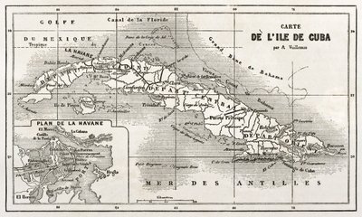 Abgebildet ist der Plan de la Havane, eine detaillierte Karte von Havanna, Kuba, die die Straßen und Sehenswürdigkeiten der Stadt zeigt. Die Karte bietet einen umfassenden Überblick über die historische und kulturelle Architektur der kubanischen Hauptstadt.