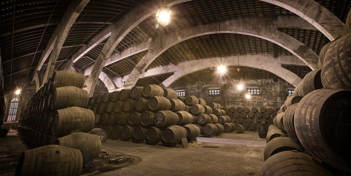 Auf dem Bild zu erkennen sind die Tiefen des Weinkellers der Bodega und viele Fässer gefüllt mit den wertvollen Brandys von Carlos I.