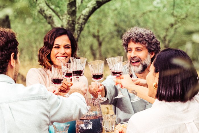 Eine Gruppe von Menschen stößt mit gefüllten Rotwein Gläsern an.