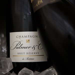 Eine Nahaufnahme des weißen Etiketts der Champagner Palmer Brut Reserve Flasche umgeben von Eiswürfeln.